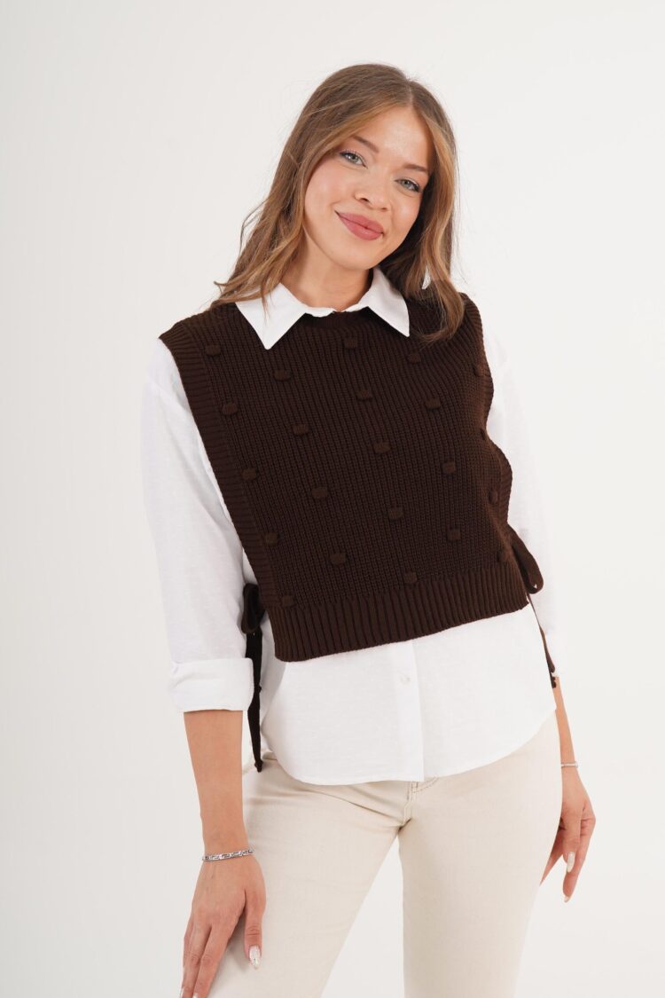 Self Knitted Textured Side Tie Coffee Knitwear Sweater