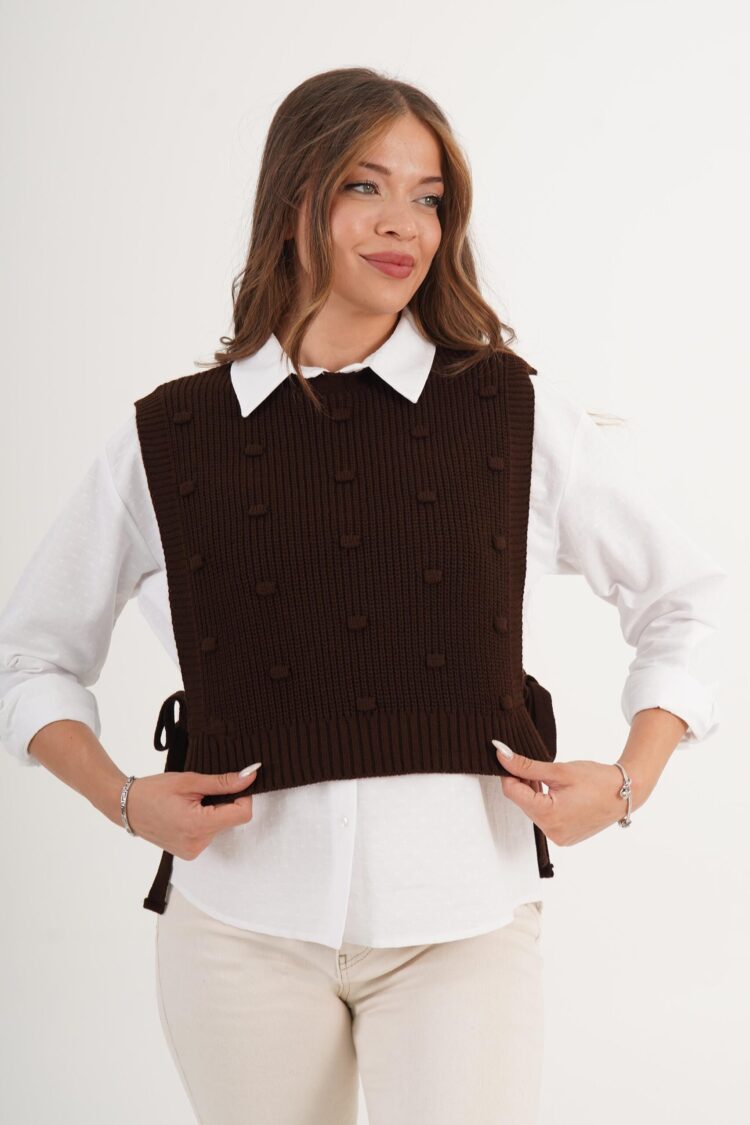 Self Knitted Textured Side Tie Coffee Knitwear Sweater