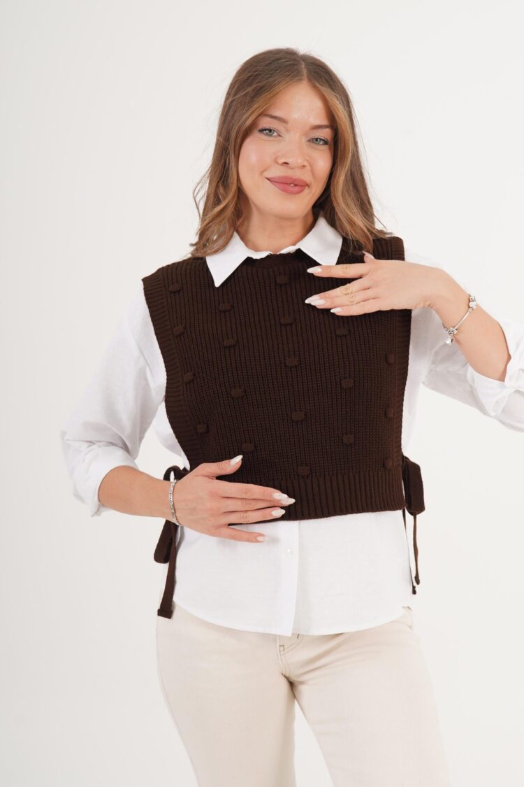 Self Knitted Textured Side Tie Coffee Knitwear Sweater
