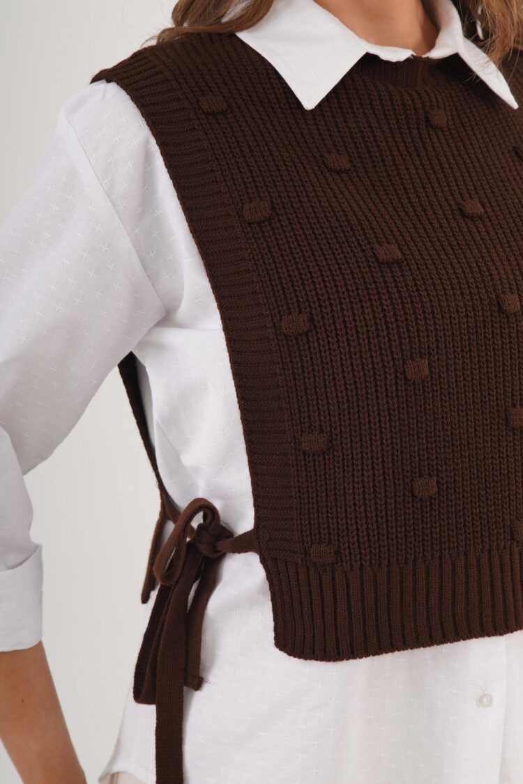 Self Knitted Textured Side Tie Coffee Knitwear Sweater