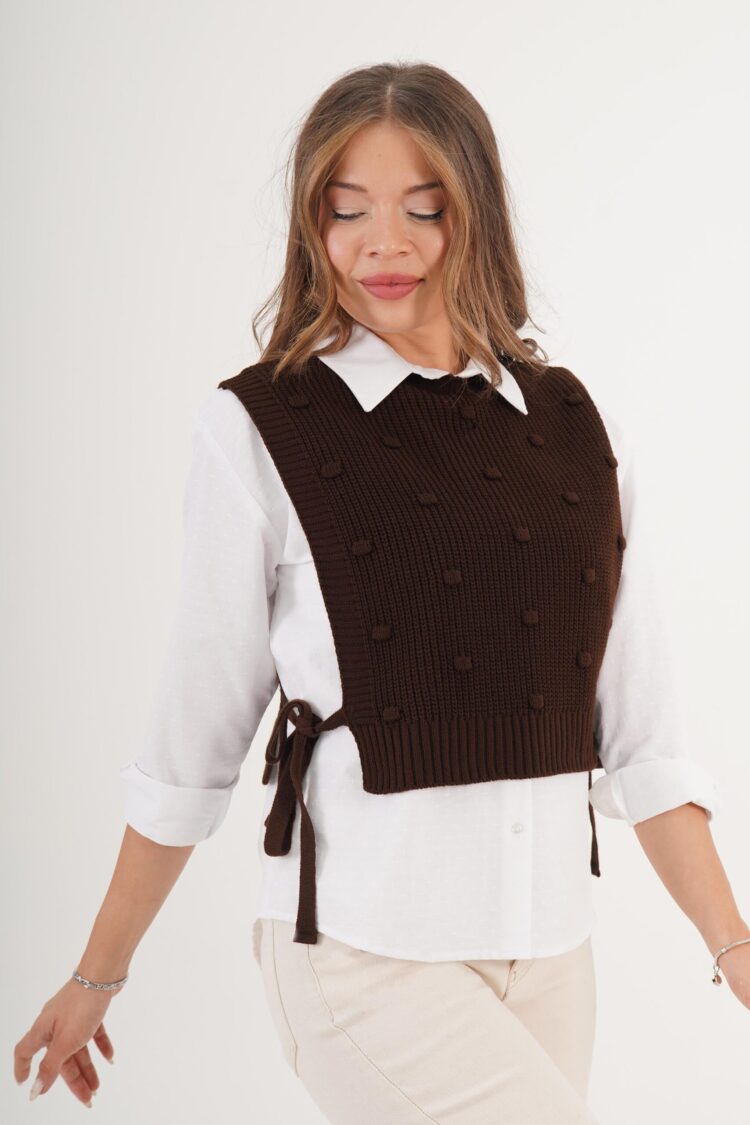 Self Knitted Textured Side Tie Coffee Knitwear Sweater - Brand: Lustrin - Women & Kids, Baby Clothes Wholesale - Globality Store