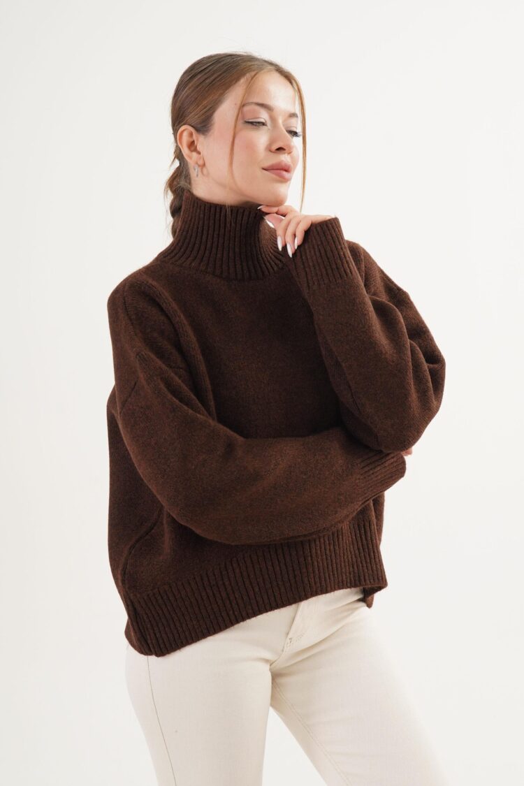 Brown Oversized Fit Turtle Neck Sweater