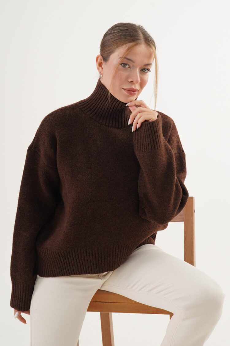 Brown Oversized Fit Turtle Neck Sweater