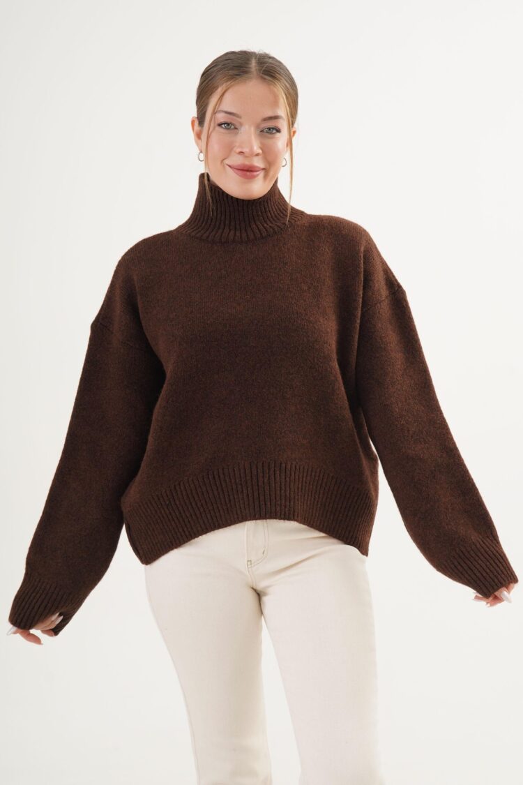 Brown Oversized Fit Turtle Neck Sweater