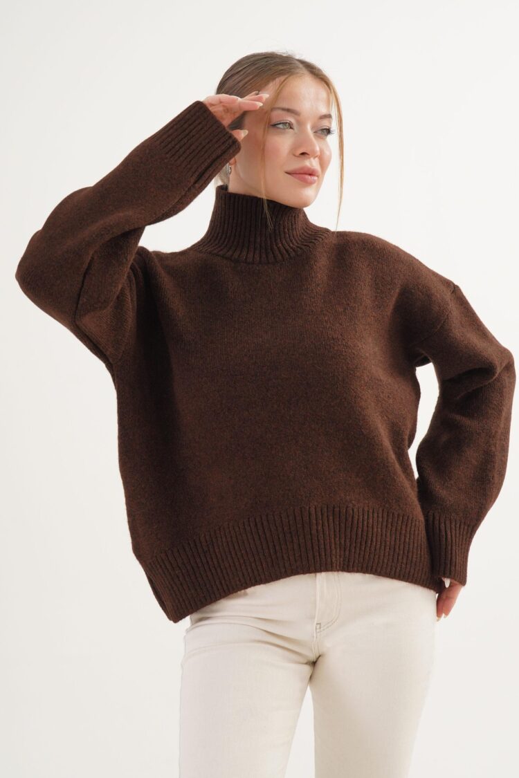 Brown Oversized Fit Turtle Neck Sweater