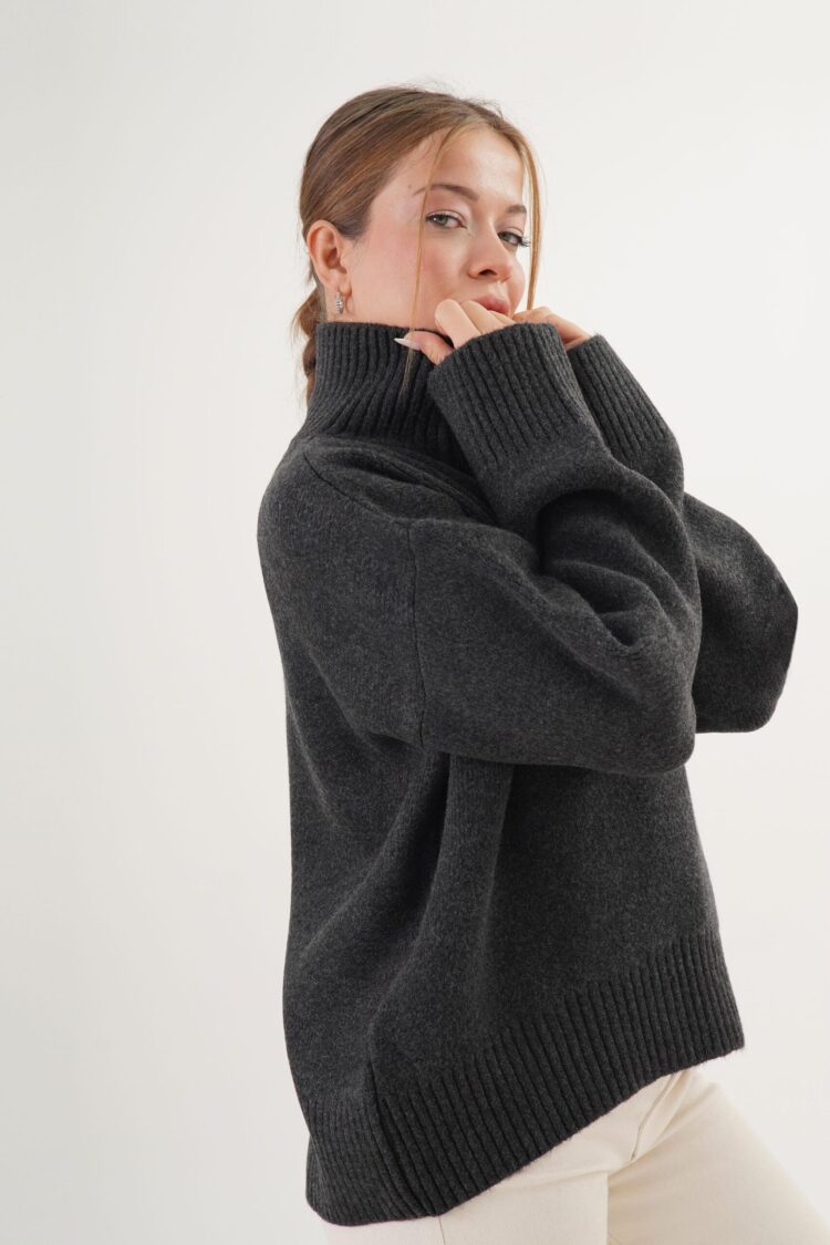 Grey Oversized Fit Sweater With Turtle Neck