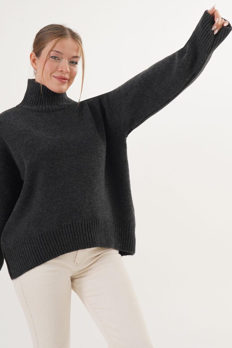 Grey Oversized Fit Sweater With Turtle Neck