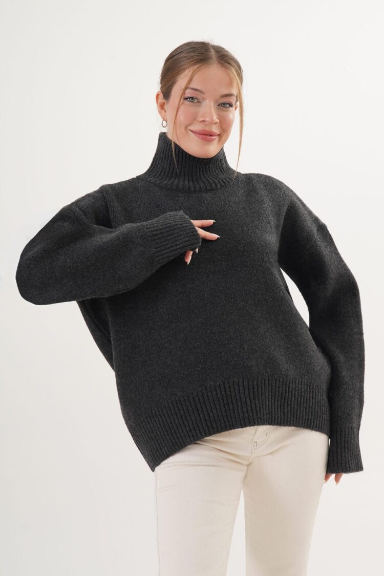 Grey Oversized Fit Sweater With Turtle Neck