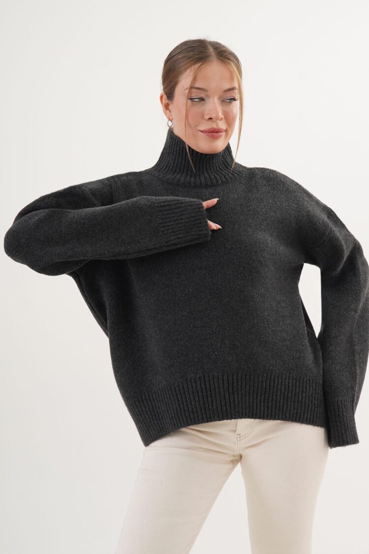 Grey Oversized Fit Sweater With Turtle Neck