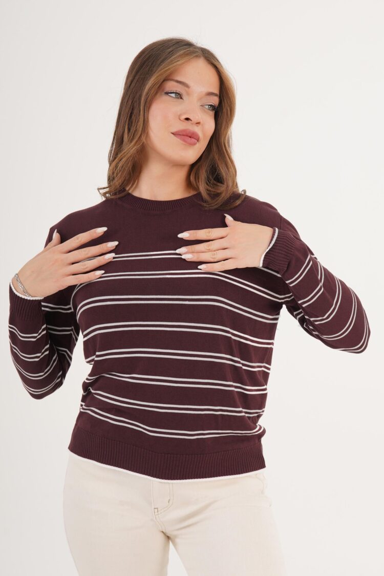 Claret Red Striped Casual Sweater - Brand: Lustrin - Women & Kids, Baby Clothes Wholesale - Globality Store