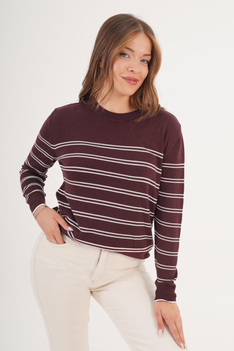 Claret Red Striped Casual Sweater