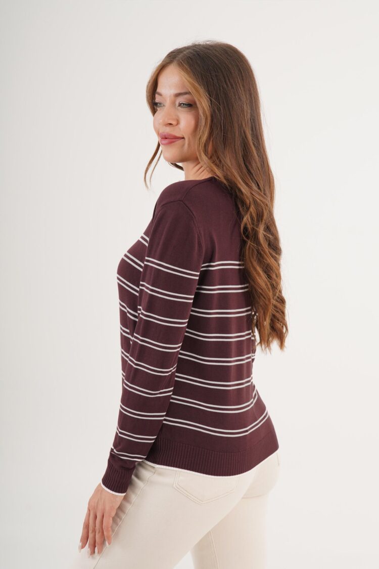 Claret Red Striped Casual Sweater
