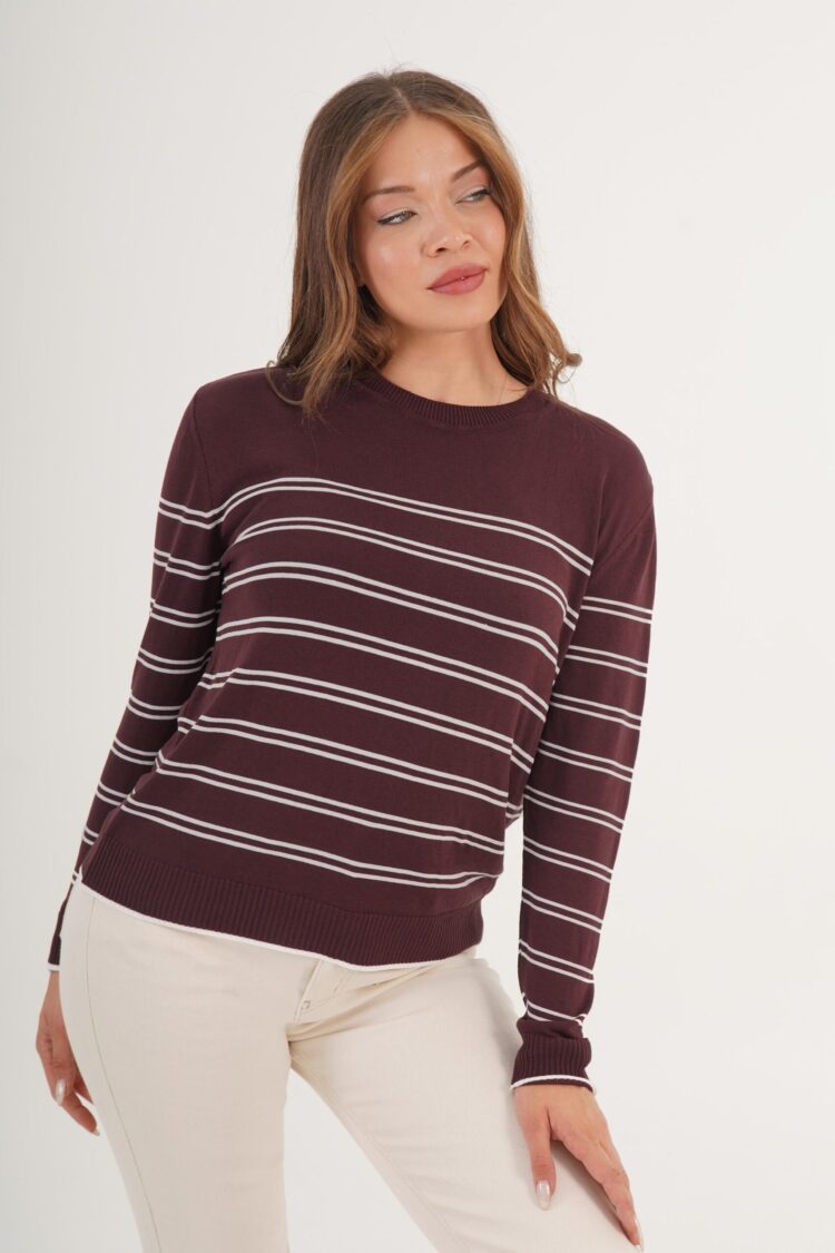 Claret Red Striped Casual Sweater