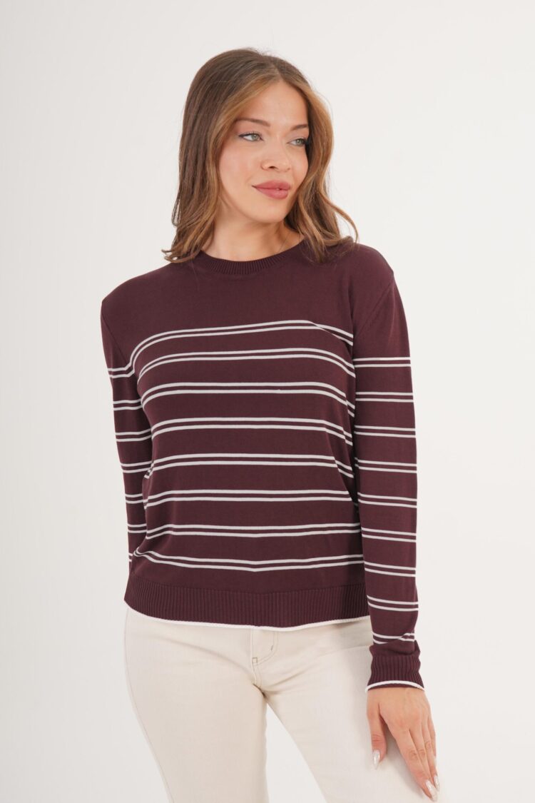 Claret Red Striped Casual Sweater