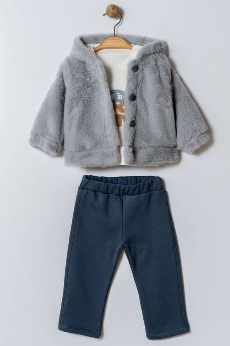 Baby Sets - B1 - Araba Nakışlı Peluş Hırkalı Üçlü Erkek Takım - Brand: ELCİ BABY - Women & Kids, Baby Clothes Wholesale - Globality Store