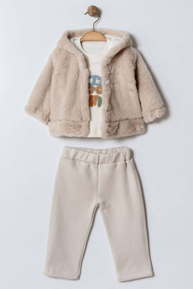 Baby Sets - B1 - Araba Nakışlı Peluş Hırkalı Üçlü Erkek Takım - Brand: ELCİ BABY - Women & Kids, Baby Clothes Wholesale - Globality Store