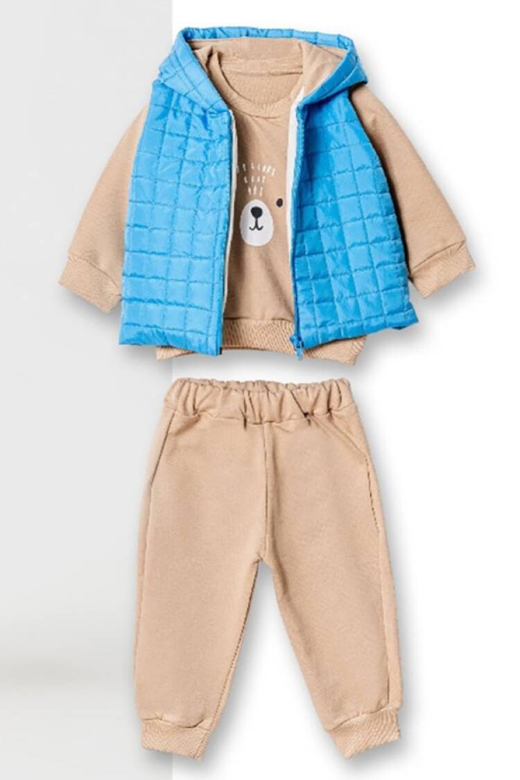 Baby Sets - B1 - Ayıcık Baskılı Yelekli Üçlü Erkek Takım - Brand: HİPPIL - Women & Kids, Baby Clothes Wholesale - Globality Store