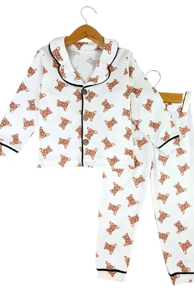 Boy's Pajamas - B1 - Ayıcık Desenli Yakalı Düğmeli Unisex Pijama Takım - Brand: SÜPERMİNİ - Women & Kids, Baby Clothes Wholesale - Globality Store
