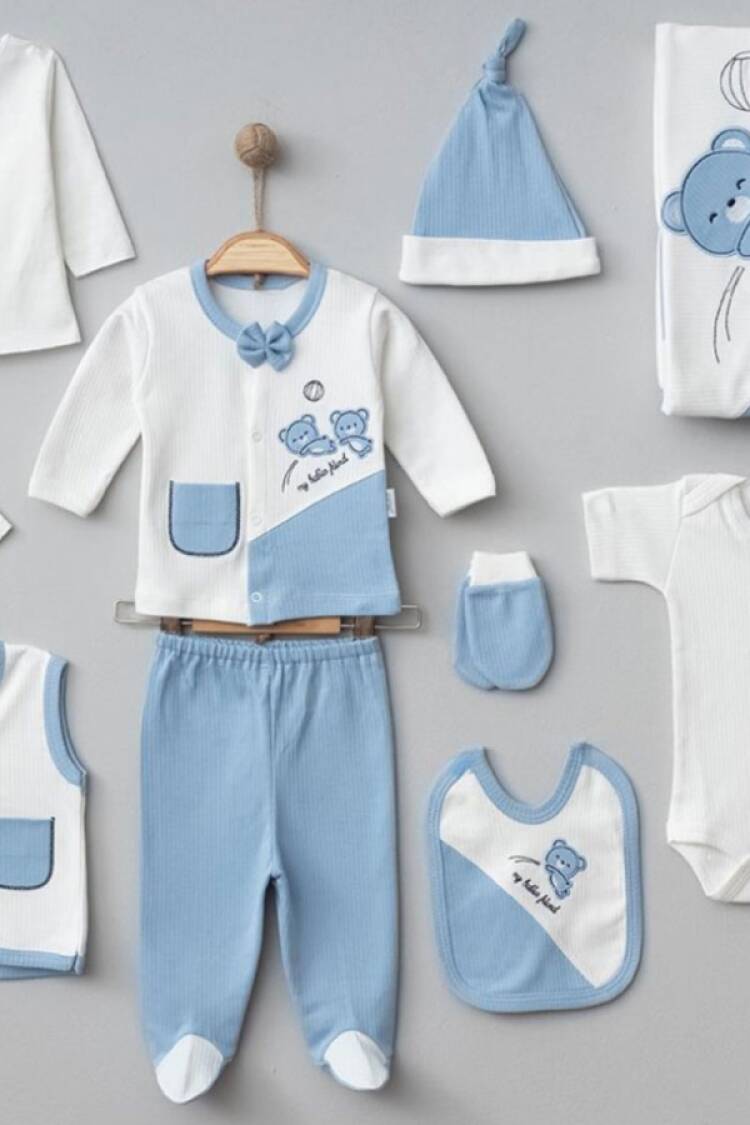 Newborn - B1 - Ayıcık Nakışlı 10lu Erkek Hastane Çıkışı Zıbın Set - Brand: ZIPIR - Women & Kids, Baby Clothes Wholesale - Globality Store