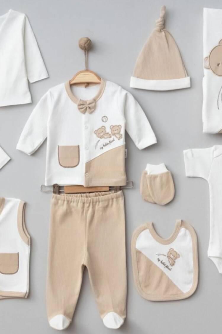 Newborn - B1 - Ayıcık Nakışlı 10lu Erkek Hastane Çıkışı Zıbın Set - Brand: ZIPIR - Women & Kids, Baby Clothes Wholesale - Globality Store