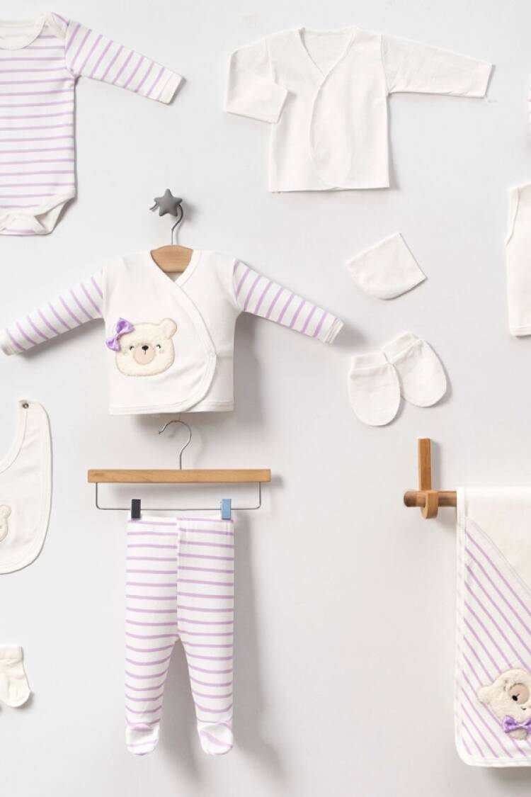 Newborn - B1 - Ayıcık Nakışlı 10lu Kız Hastane Çıkışı Zıbın Set - Brand: BABY ZUHU - Women & Kids, Baby Clothes Wholesale - Globality Store