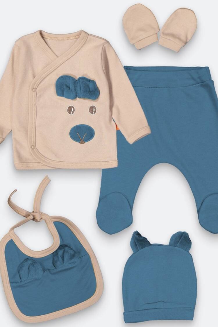 Newborn - B1 - Ayıcık Nakışlı 5li Erkek Zıbın Set - Brand: BEYAZ BEBEK - Women & Kids, Baby Clothes Wholesale - Globality Store