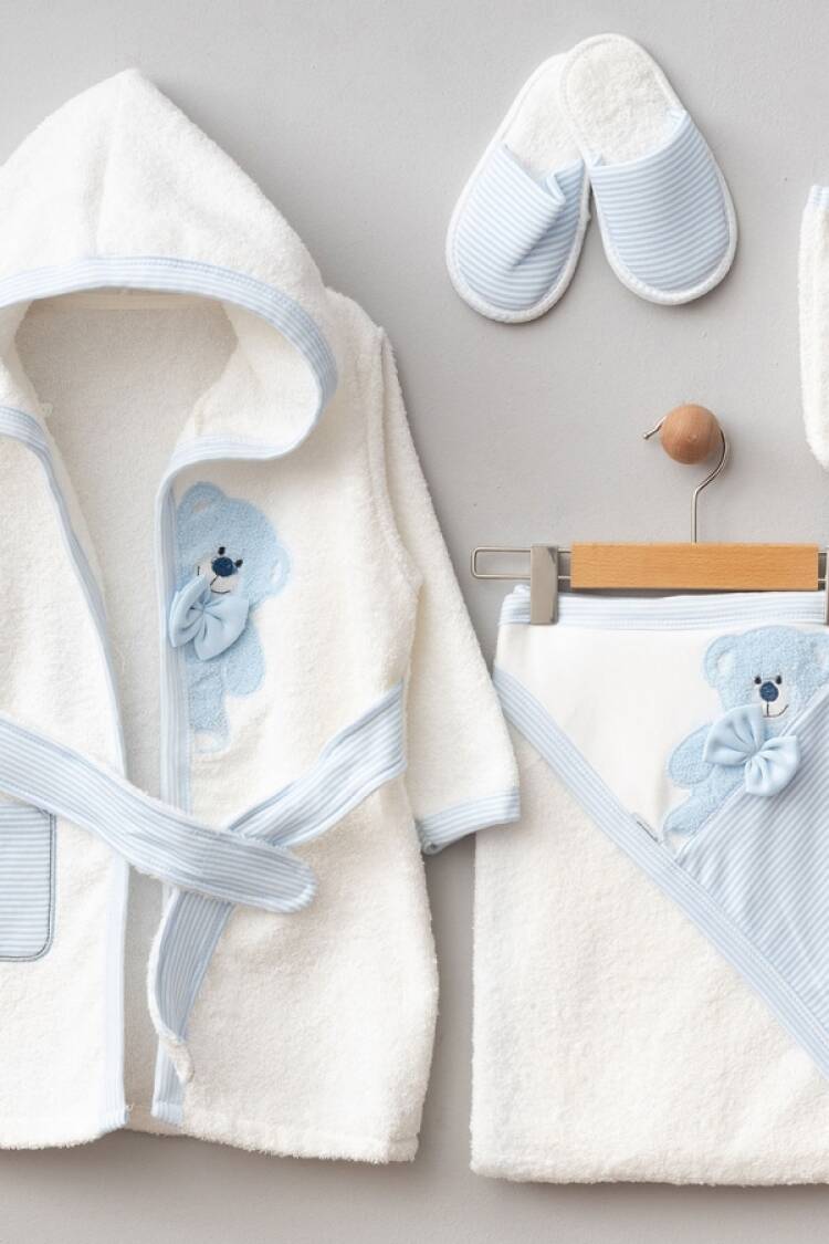 Newborn - B1 - Ayıcık Nakışlı Erkek Bebe Bornoz Set - Brand: ZIPIR - Women & Kids, Baby Clothes Wholesale - Globality Store
