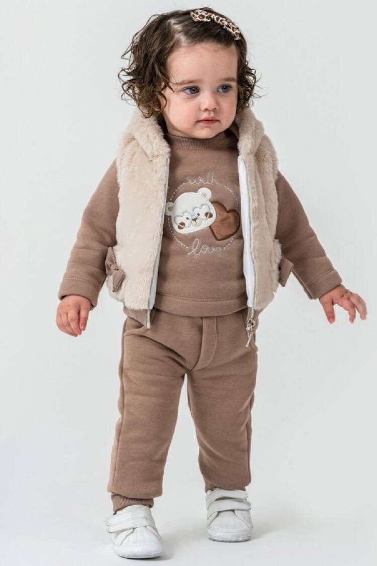 Baby Sets - B1 - Ayıcık Nakışlı Peluş Yelekli Üçlü Kız Bebe Takım 3 İp Şardonlu - Brand: HİPPIL - Women & Kids, Baby Clothes Wholesale - Globality Store