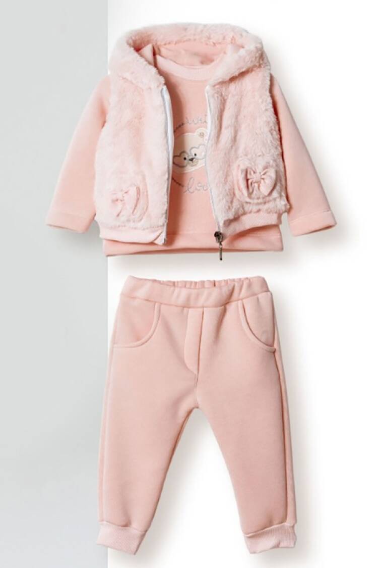 Baby Sets - B1 - Ayıcık Nakışlı Peluş Yelekli Üçlü Kız Bebe Takım 3 İp Şardonlu - Brand: HİPPIL - Women & Kids, Baby Clothes Wholesale - Globality Store