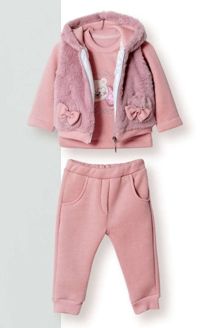 Baby Sets - B1 - Ayıcık Nakışlı Peluş Yelekli Üçlü Kız Bebe Takım 3 İp Şardonlu - Brand: HİPPIL - Women & Kids, Baby Clothes Wholesale - Globality Store