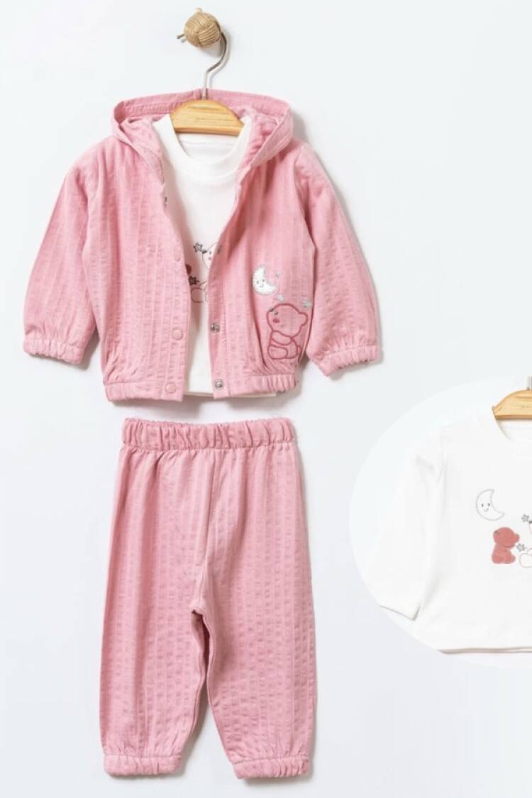 Baby Sets - B1 - Ayıcık Nakışlı Üçlü Kız Bebe Takım - Brand: ELCİ BABY - Women & Kids, Baby Clothes Wholesale - Globality Store