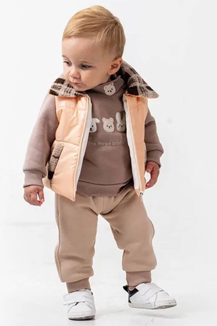 Baby Sets - B1 - Ayıcık Nakışlı Yelekli Üçlü Erkek Bebe Takım - Brand: HİPPIL - Women & Kids, Baby Clothes Wholesale - Globality Store