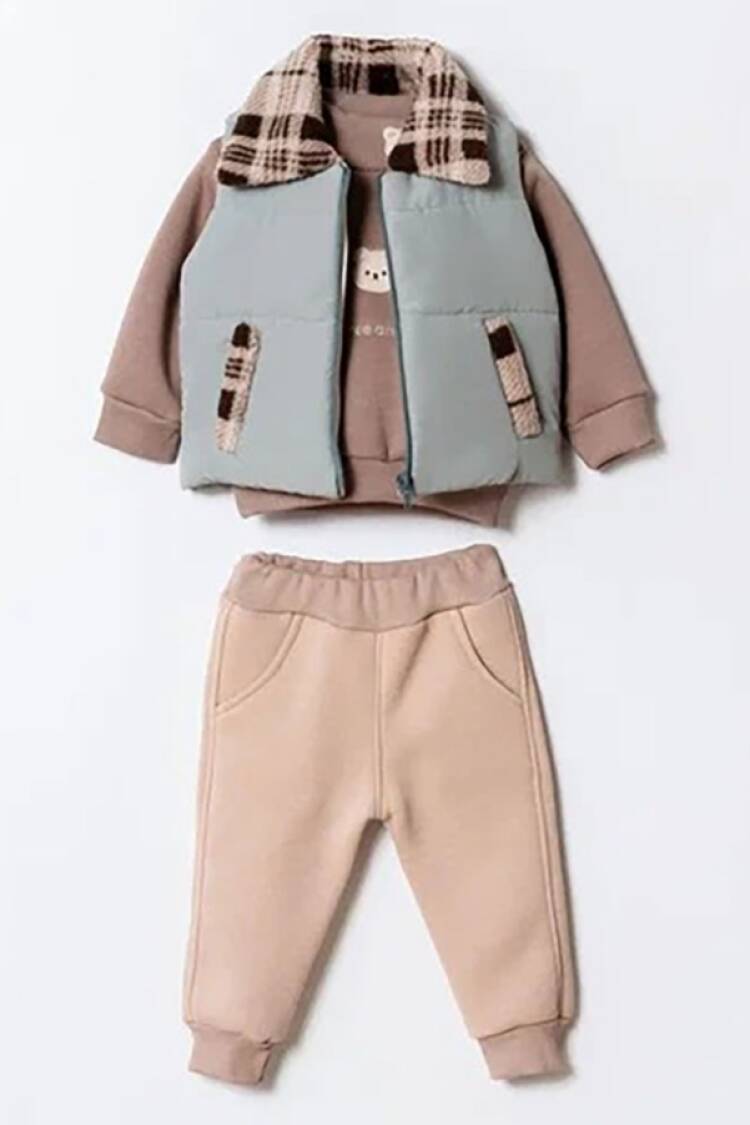 Baby Sets - B1 - Ayıcık Nakışlı Yelekli Üçlü Erkek Bebe Takım - Brand: HİPPIL - Women & Kids, Baby Clothes Wholesale - Globality Store