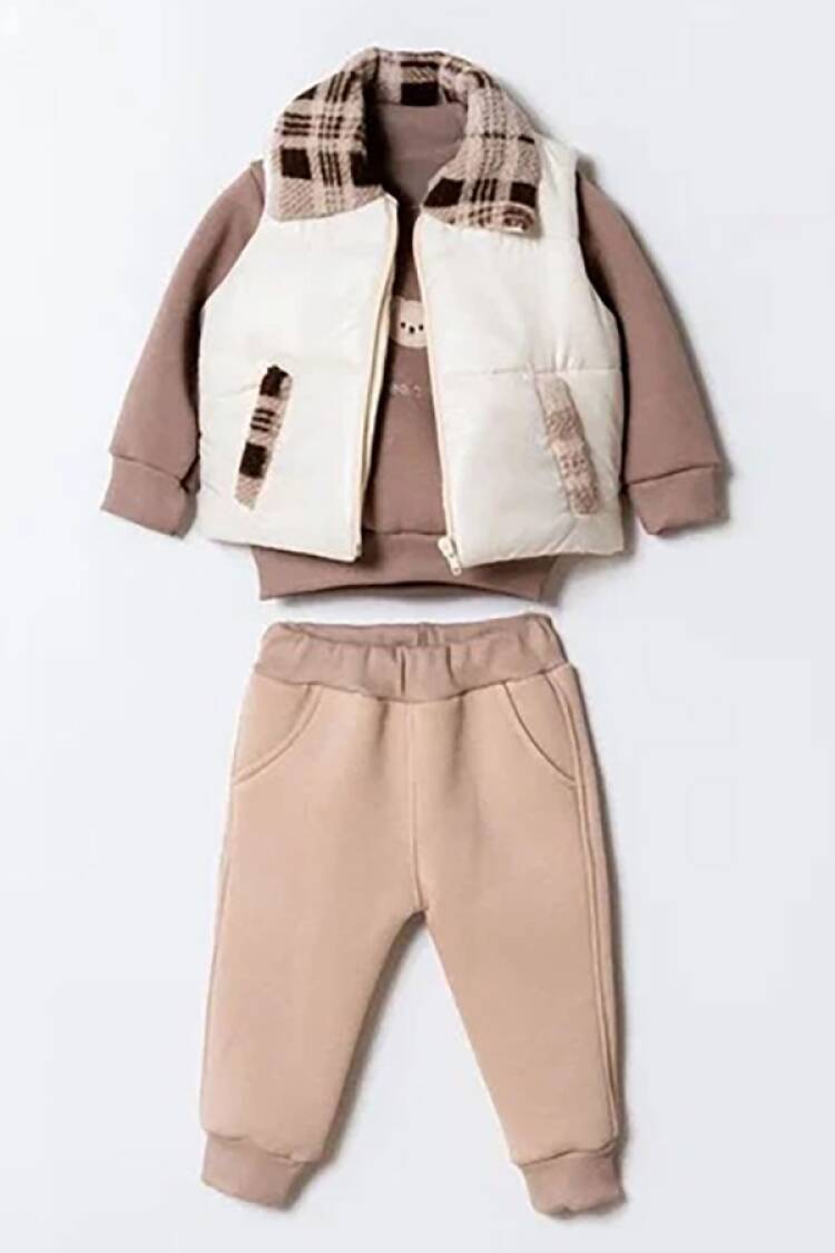 Baby Sets - B1 - Ayıcık Nakışlı Yelekli Üçlü Erkek Bebe Takım - Brand: HİPPIL - Women & Kids, Baby Clothes Wholesale - Globality Store