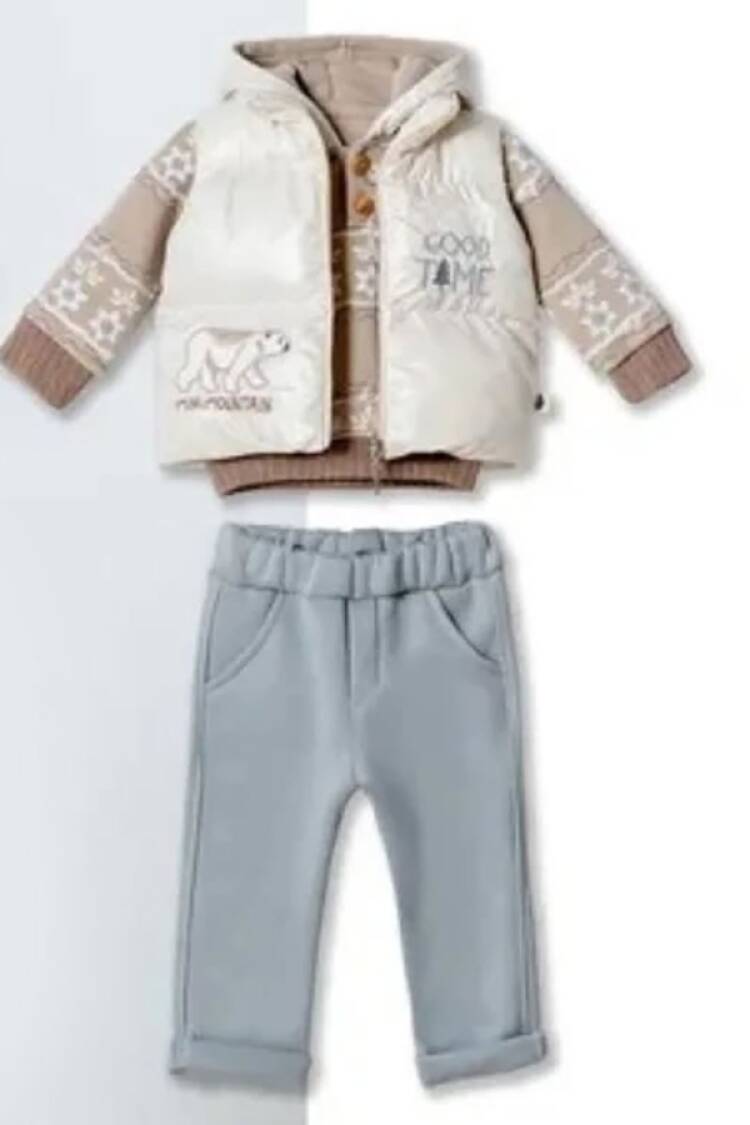 Baby Sets - B1 - Ayıcık Nakışlı Yelekli Üçlü Erkek Bebe Takım - Brand: HİPPIL - Women & Kids, Baby Clothes Wholesale - Globality Store