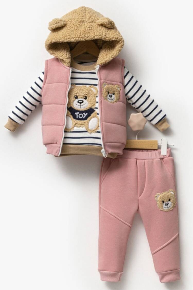 Baby Sets - B1 - Ayıcık Nakışlı Yelekli Üçlü Unisex Takım - Brand: HİPPIL - Women & Kids, Baby Clothes Wholesale - Globality Store