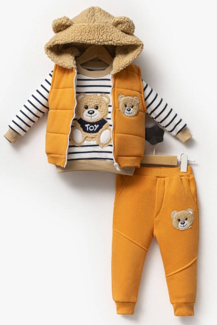 Baby Sets - B1 - Ayıcık Nakışlı Yelekli Üçlü Unisex Takım - Brand: HİPPIL - Women & Kids, Baby Clothes Wholesale - Globality Store