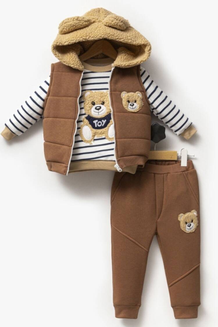 Baby Sets - B1 - Ayıcık Nakışlı Yelekli Üçlü Unisex Takım - Brand: HİPPIL - Women & Kids, Baby Clothes Wholesale - Globality Store