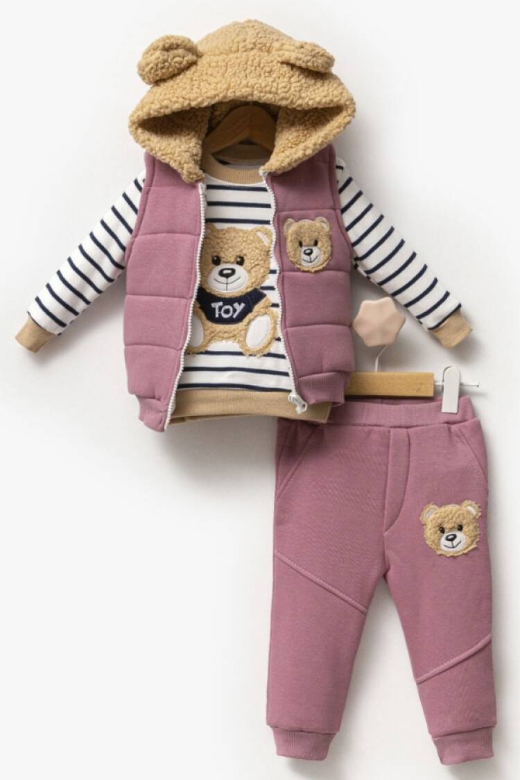 Baby Sets - B1 - Ayıcık Nakışlı Yelekli Üçlü Unisex Takım - Brand: HİPPIL - Women & Kids, Baby Clothes Wholesale - Globality Store