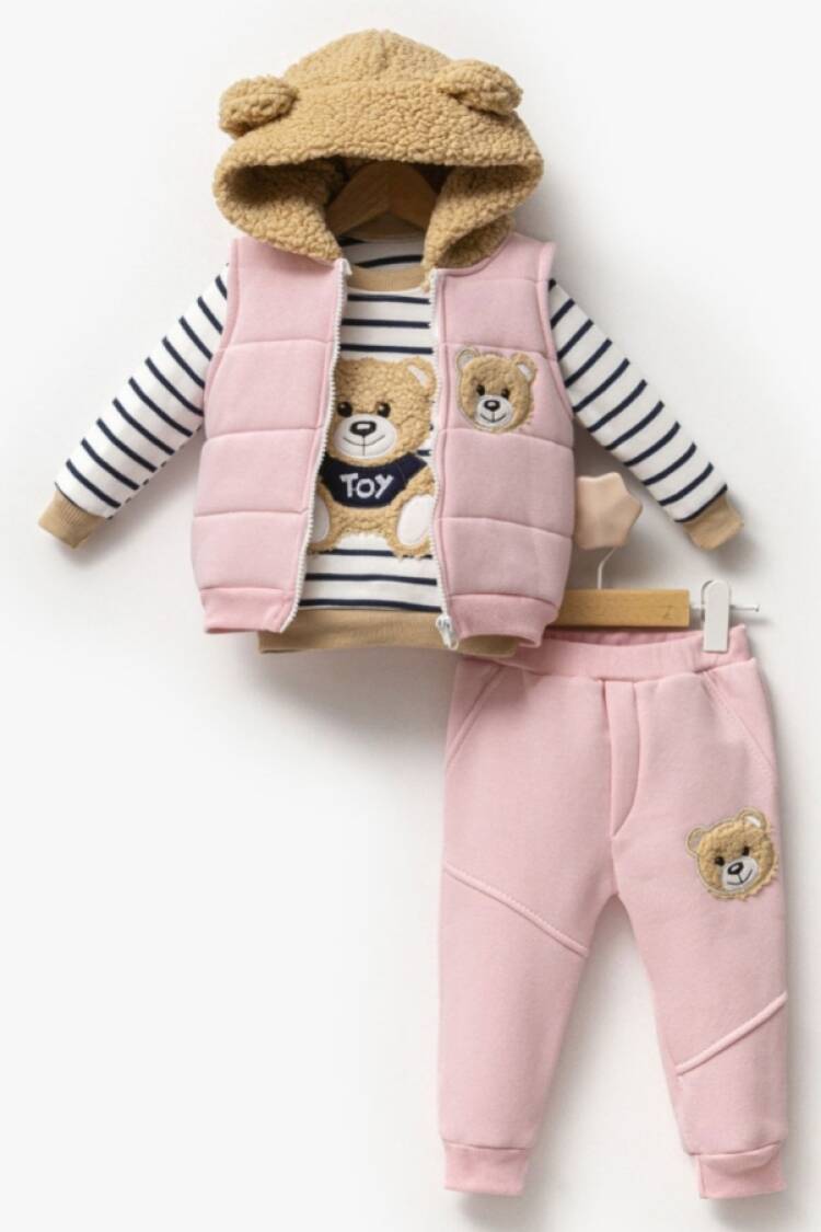 Baby Sets - B1 - Ayıcık Nakışlı Yelekli Üçlü Unisex Takım - Brand: HİPPIL - Women & Kids, Baby Clothes Wholesale - Globality Store
