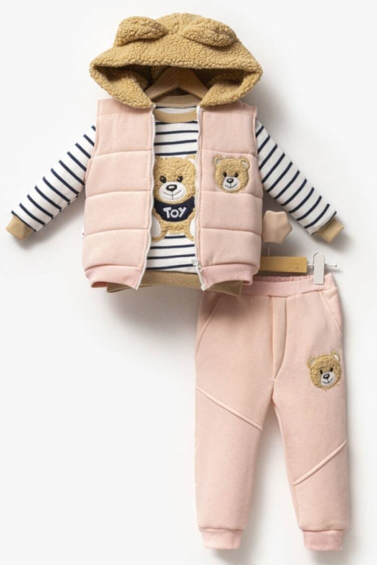 Baby Sets - B1 - Ayıcık Nakışlı Yelekli Üçlü Unisex Takım - Brand: HİPPIL - Women & Kids, Baby Clothes Wholesale - Globality Store