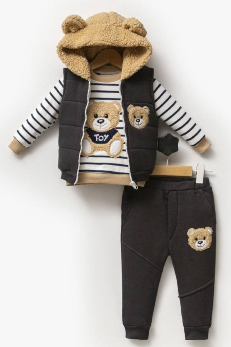Baby Sets - B1 - Ayıcık Nakışlı Yelekli Üçlü Unisex Takım - Brand: HİPPIL - Women & Kids, Baby Clothes Wholesale - Globality Store