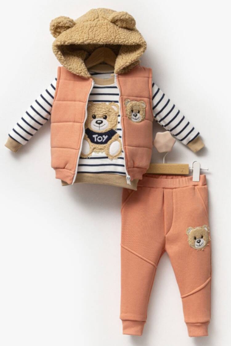 Baby Sets - B1 - Ayıcık Nakışlı Yelekli Üçlü Unisex Takım - Brand: HİPPIL - Women & Kids, Baby Clothes Wholesale - Globality Store
