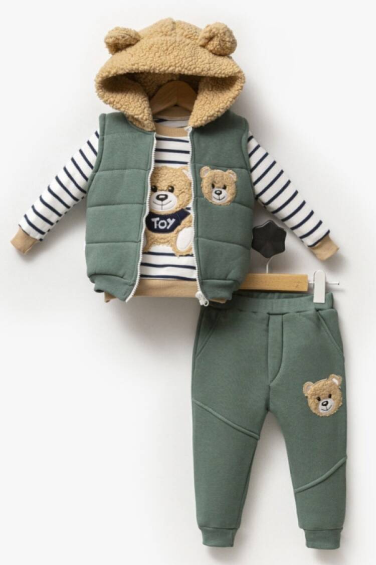 Baby Sets - B1 - Ayıcık Nakışlı Yelekli Üçlü Unisex Takım - Brand: HİPPIL - Women & Kids, Baby Clothes Wholesale - Globality Store