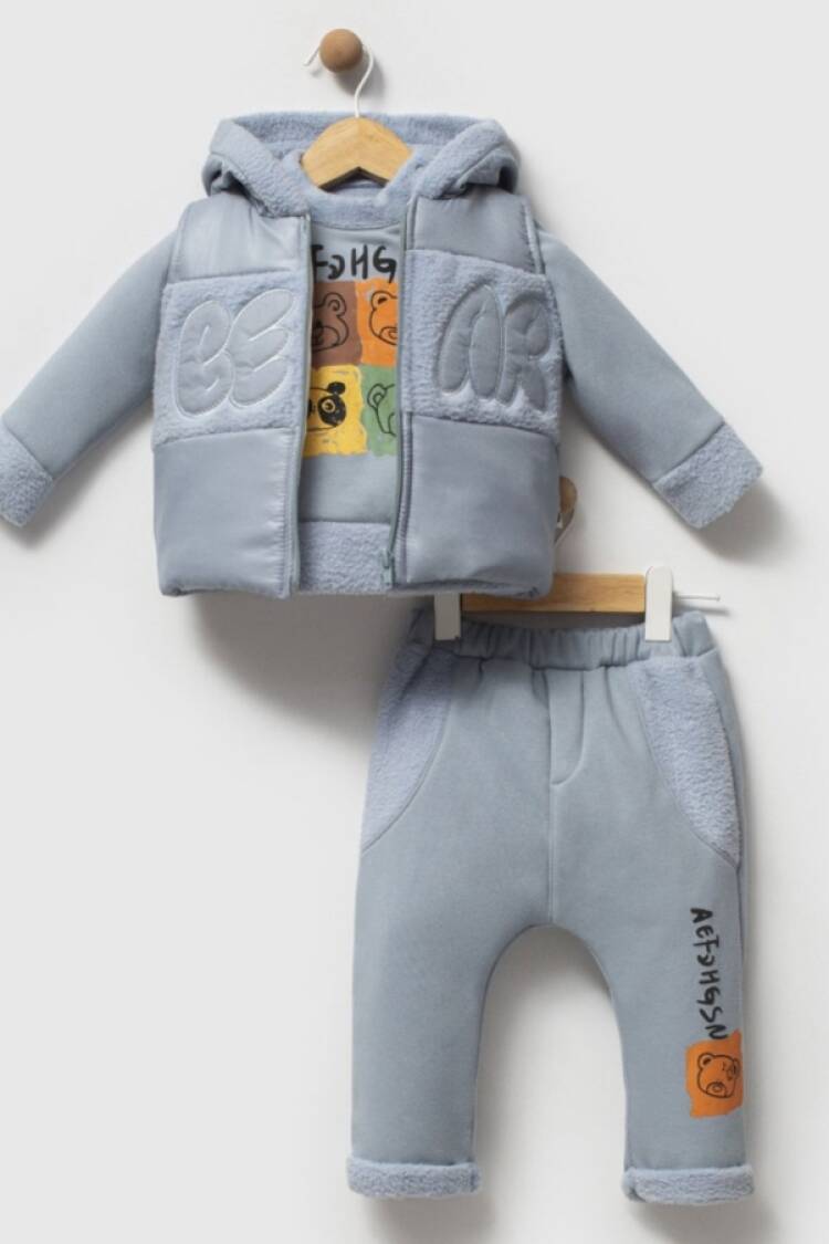 Baby Sets - B1 - Bear Nakışlı Yelekli Üçlü Erkek Bebe Takım - Brand: HİPPIL - Women & Kids, Baby Clothes Wholesale - Globality Store