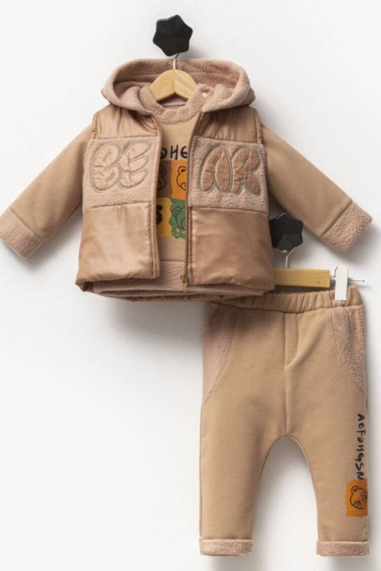 Baby Sets - B1 - Bear Nakışlı Yelekli Üçlü Erkek Bebe Takım - Brand: HİPPIL - Women & Kids, Baby Clothes Wholesale - Globality Store