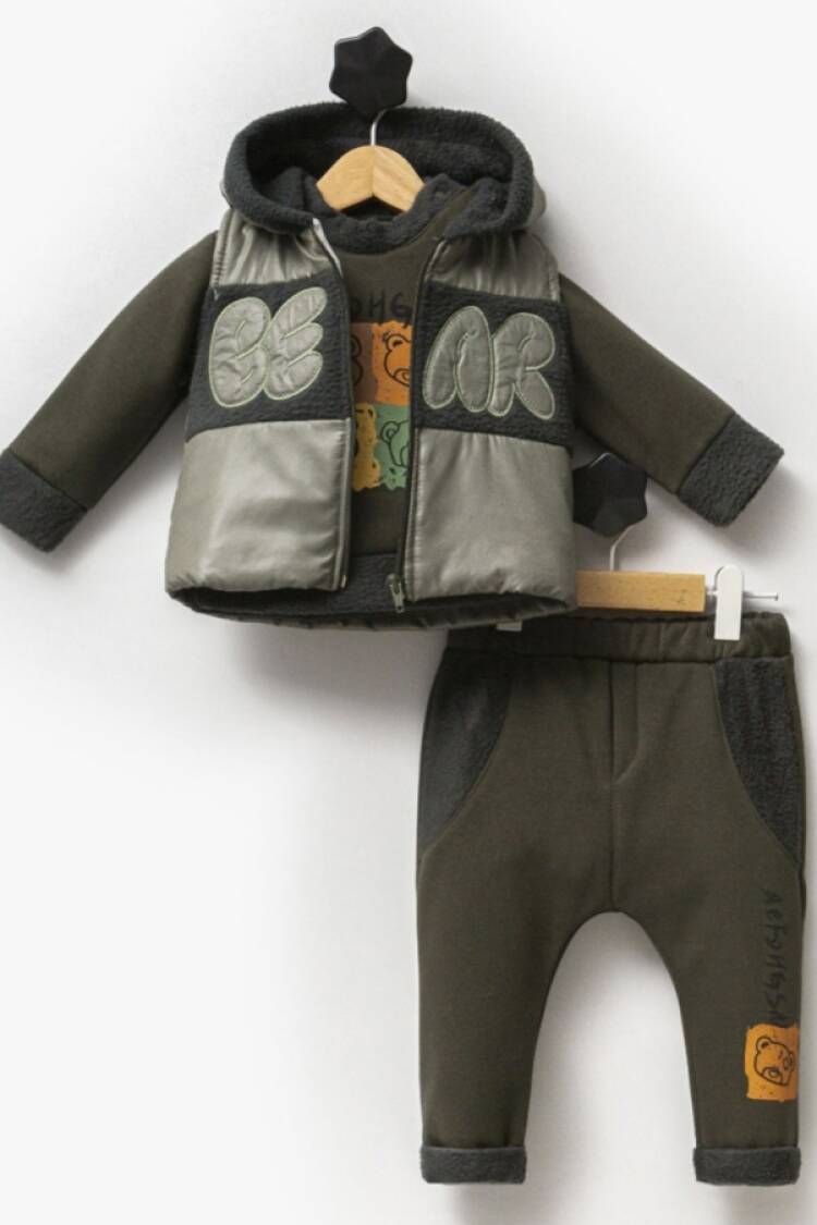 Baby Sets - B1 - Bear Nakışlı Yelekli Üçlü Erkek Bebe Takım - Brand: HİPPIL - Women & Kids, Baby Clothes Wholesale - Globality Store