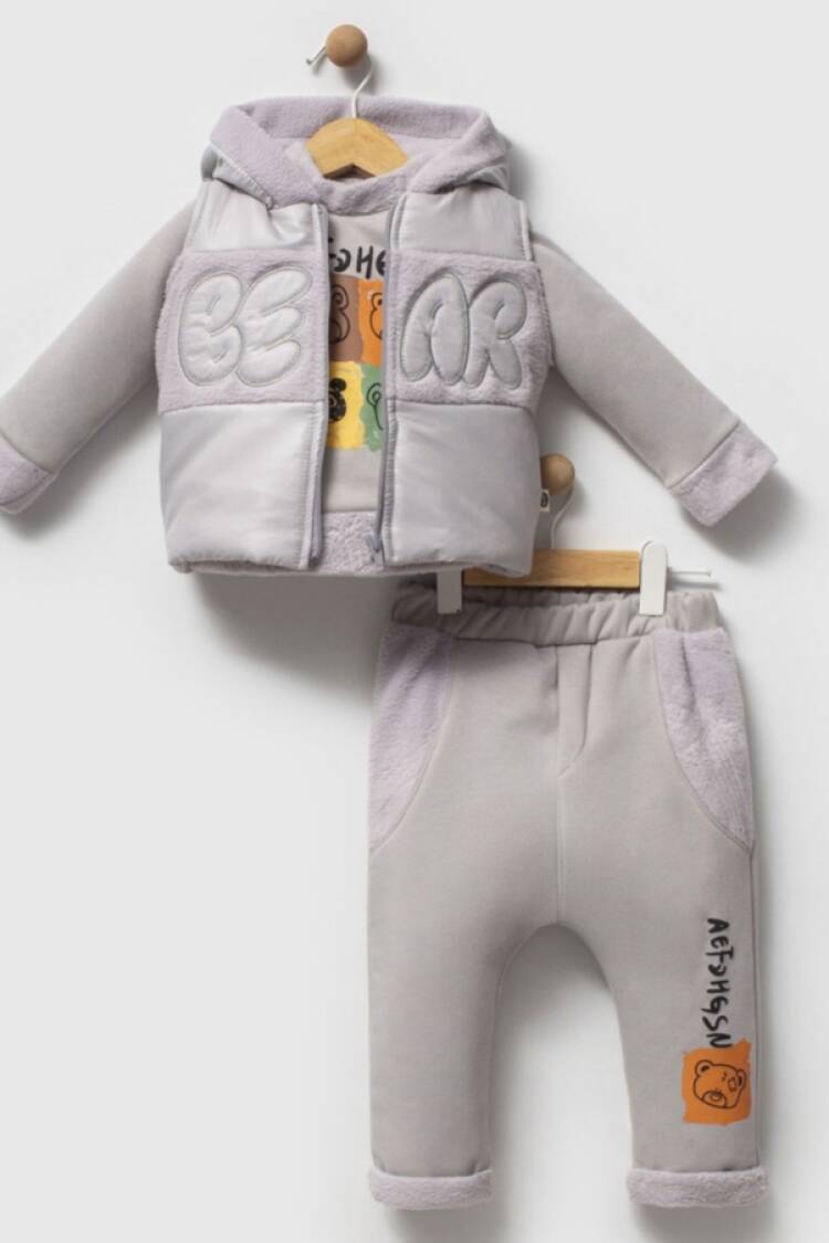 Baby Sets - B1 - Bear Nakışlı Yelekli Üçlü Erkek Bebe Takım - Brand: HİPPIL - Women & Kids, Baby Clothes Wholesale - Globality Store