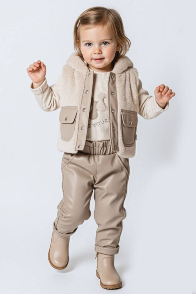 Baby Sets - B1 - Cepli Peluş Yelekli Üçlü Kız Bebe Takım 3 İp Şardon - Brand: HİPPIL - Women & Kids, Baby Clothes Wholesale - Globality Store