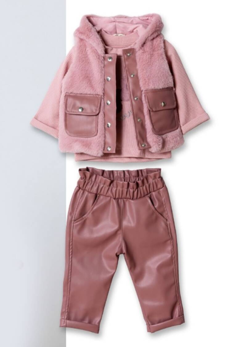 Baby Sets - B1 - Cepli Peluş Yelekli Üçlü Kız Bebe Takım 3 İp Şardon - Brand: HİPPIL - Women & Kids, Baby Clothes Wholesale - Globality Store